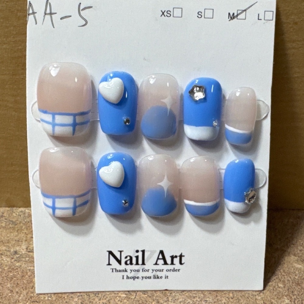 Blue White Heart Press On Nails Medium Handmade 3D Art Rhinestone Star Grid